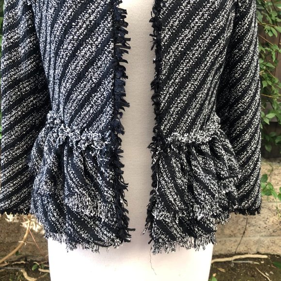 Ann Taylor Ruffle Tweed Diagonal Stripe Peplum Jacket Blazer Black/White 0 - Picture 10 of 14